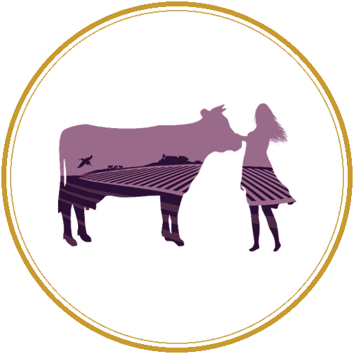 De Agro-diëtist — vrouw en koe in aubergine, gouden cirkel